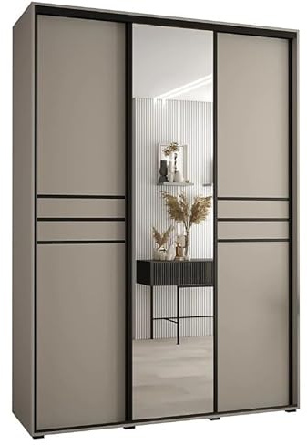 Elegant Cashmere & Black Sliding Door Wardrobe W180cm - Spacious Design with Mirrored Panel