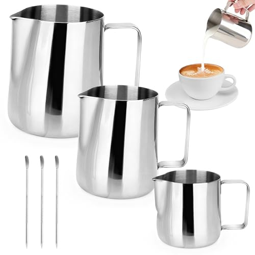 AZKEEGREY 3 Pcs Stainless Steel Milk Frothing Jugs 150ml/350ml/600ml,Silver | Metal Jugs for Coffee Machine, Milk Frother Pitcher, Milk Steaming Jug for Making Cappuccino, with Latte Art Pen