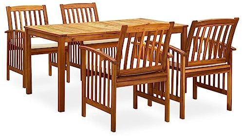 Runheo 5-TLG. Garten-Essgruppe Akazie Massivholz, 150x90cm Esstisch, 4 Stühle mit Cremeweißen Kissen, Öl-Finish, Witterungsbeständig, für Terrasse Balkon Garten