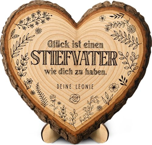 Stiefvater Geschenk - Holzscheibe - personalisiertes Geschenk in Herzform, Stiefpapa Geschenkidee, Bonuspapa Geschenke, Bester Bonus-Papa, Stepdad Überraschung, Vatertag & Geburtstag, Deko Ziehvater