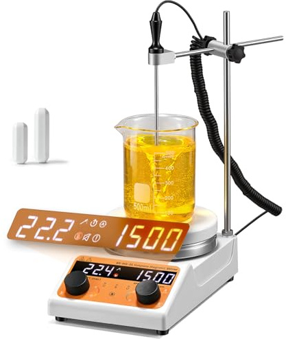 Bonvoisin Agitador Magnético con Placa Calefactora, 3L, 100-1500 rpm, 320W | Placa de 140 mm, Motor Sin Escobillas, Inversión Automática, Temporizador 0-99h59, LED, Silencioso, Incluye 2 Agitadores