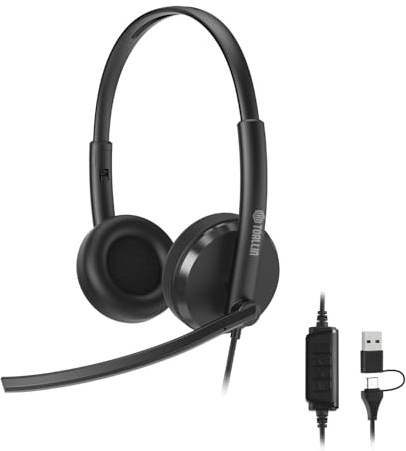TOALLIN Auriculares con Cable con micrófono con cancelación de Ruido | Control de volumen, silencio y respuesta de llamadas, compatible con PC, teléfonos, centros de llamadas y oficinas