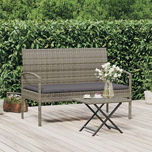 Cartvyn Gartenbank mit Kissen Grau 105 cm Poly Rattan wetterfest robuste Sitzbank für Balkon Garten Outdoor Parkbank mit Armlehnen und Rückenlehne komfortable Terrassenbank