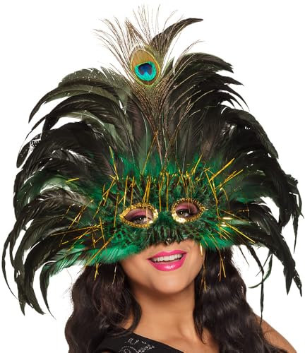 Boland 00265 - Augenmaske Peacock Queen, Pfauen-Königin, Gesichtsmaske mit Pailletten, Federn und Lametta, Kostüm, Karneval, Mottoparty, Maskenball, Grün/Schwarz