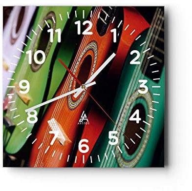 Modern Wanduhr Gitarre Musik Instrument 40x40cm Quadrat Groß Wand Uhr Glas Analog Zimmeruhren Küche Büro Wohnzimmer Glasuhr Wall Clock Dekoration Design Wanddekoration Küchenuhr C4AC40x40-2113