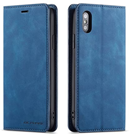 QLTYPRI Hülle für iPhone X iPhone XS, Premium Dünne Ledertasche Handyhülle mit Kartenfach Ständer Flip Schutzhülle Kompatibel mit iPhone X iPhone XS (5,8 Zoll) - Blau