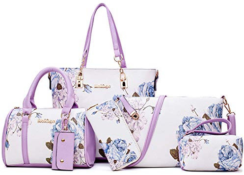 Set di 6 borsetta da donna in pelle sintetica, elegante borsa a tracolla e pochette, Viola (Purple), Taglia unica