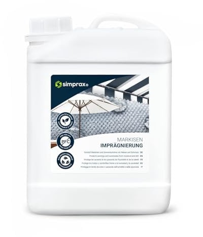 simprax® Spray Imperméabilisant Auvents Écologique & sans PFC - Protection Longue Durée Tissus Extérieurs, Parasols & Voiles d'Ombrage - Hydrofuge & Protection UV - Imperméabilisant Tissu, 2,5 L