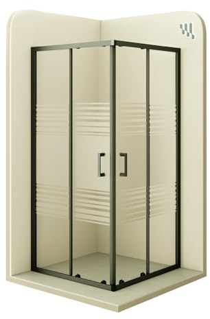 Mampara de Ducha Diana 85x90x190cm, REVERSIBLE, Puertas Correderas, Ajuste 82.5-84.5x87.5-89.5cm, Perfiles Negros, Cristal Templado Parcialmente Satinado 6mm
