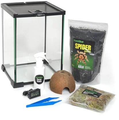 Habistat - Invertebrate Starter Kit - Includes Glass Terrarium, Digital Compact Thermometer, Coconut Cave, Spider Bedding, Sphagnum Moss, Plastic Tongs & Spray Bottle - Easy Set Up, Black