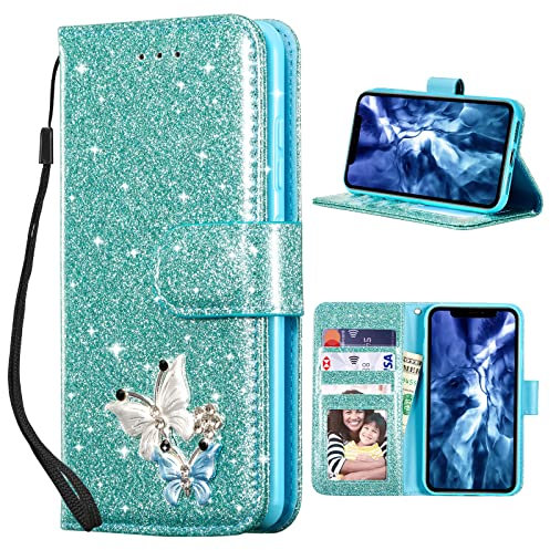 UEEBAI Wallet Case for iPhone 12 6.1 inch, Premium Sparkly Glitter PU Leather Phone Case Card Slots Kickstand Case Magnetic Closure Bling Case Shiny Flip Cover with Wrist Strap - Mint Green