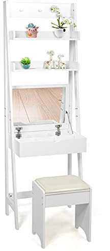 Multigot Ladder Desk, Dressing Vanity Set with Flip Top Mirror, 6 Removable Compartments, 2 Storage Shelves and 3 Hat Hooks, Makeup Shelving Table for Small Spaces