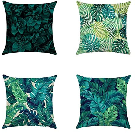 Bocen 4er Set Kissenbezug Dekorative Kissenhülle 35x35cm Grünes Pflanzenblatt Outdoor Kissenbezüge für Sofa Schlafzimmer Wohnzimmer Garten Auto Zuhause Dekor Leinen Kissenbezugen