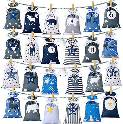 HORDUET Adventskalender zum Befüllen Groß (10x15cm), 2024 Weihnachtskalender Selbstbefüllen Geschenksäckchen, 24 Stoffbeutel Kette zum selber Basteln und Aufhängen für Kinder Männer Frauen