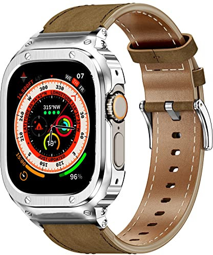 SUPLINK Bracelets en cuir avec boîtier en acier inoxydable compatibles avec Apple Watch Ultra 2/1/Apple Watch Ultra 3 Band 49 mm, bracelets de protection robustes pour iWatch pour homme, marron