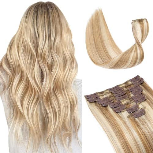 TESS Clip in Extensions Echthaar, 8pcs Clip in Haarverlängerung Remy Echt Haare Natürliche 18 Clips 8 Tressen Clip in Extensions Human Hair 70g 50 cm Hellbraun/Lichtblond Balayage