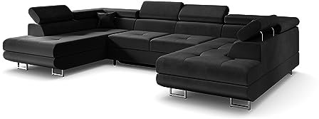ALTDECOR Ecksofa in U-Form mit Schlaffunktion und Bettkasten mit Gasdruckfeder, Polstercouch Wohnlandschaft rückenecht gepolstert, ideal als Gästebett - GUSA - 342x202 cm Schwarz