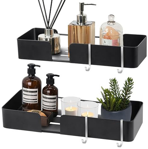 ABCOOL Shower Caddy Floating Bathroom Shelves - Set of 2, No Drill Wall Mounted Adhesive Hanging Shelves with Hooks Decorative Storage Shelves for Kitchen Living Room Bedroom