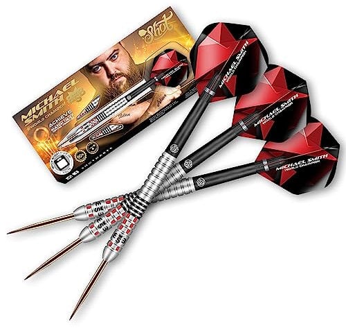 Shot! Steel Darts Michael Smith Bully Boy Achieve Matchdart 90% Tungsten Steeltip Darts Steeldart Hochwertige Tungsten Dartpfeile Set mit Schäften und Flights Made in Neuseeland (21 Gramm)