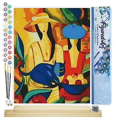 Figured'Art Peinture par Numéro Adulte Femmes et Chat Bleu - Activité Manuelle Kit de Loisir Créatif DIY Numéro d'Art Complet - 40x50cm avec châssis en bois à monter