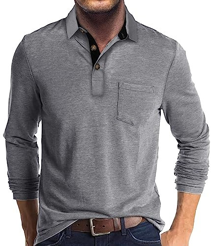 Mens Polo Shirts Long Sleeve Tops Casual Shirt Golf Top Cotton Tee Basic T-Shirt Knitted Buttons Grey M
