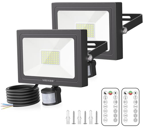 MEIKEE 60W Projecteur Exterieur Detecteur de Mouvement, 6500K Blanc Froid 70 Leds Super Lumineux 5200LM Spot LED Télécommande, IP66, 3 Modes, Eclairage Exterieur Detecteur pour Jardin Patio Garage