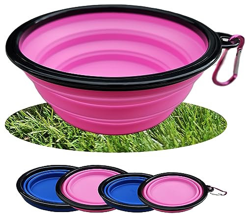 Collapsible Travel Dog Bowl Portable Large Or Small Pet Water and Food Feeding Bowl Outdoor Easy To Carry With Hook Blue or Pink (Pink Small)