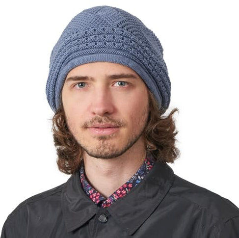 CHARM Sommer Crochet Dünne Mütze Damen Häkel Long Beanie Mütze Rasta Mütze Beret Cap für Herren aus Baumwolle Groß Blau