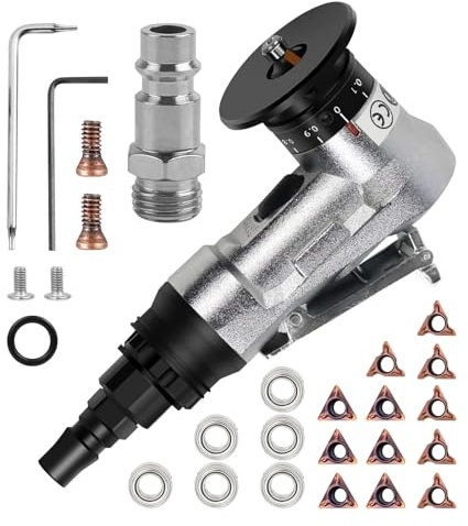 2-in-1 45° pneumatisches Anfasmaschinen-Set mit Klinge und Lager, verbesserter Handschleifer für Bogenecke, 1/4-Zoll-Lufteinlass für Metallgrat, Trimmen von Holz, Entgraten (6C & 6R Winkelklingen)