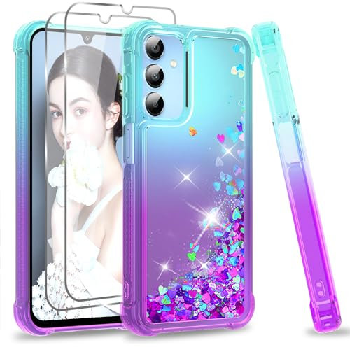 LeYi Coque Verre Trempé Lot de 2 Fille Liquide Paillette Silicone Gel TPU Antichoc Kawaii Etui Housse Samsung Galaxy A15 Turquoise Violet