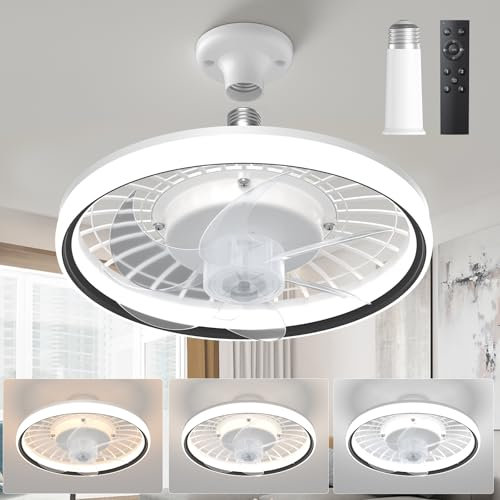 Biukis Prise de courant Ventilateur de plafond avec lumière, 3 couleurs Led Dimming 4 vitesses, 33CM Ventilateur de plafond avec lumière pour chambre, garage, cuisine Ventilador con Mando