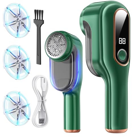 PKBD Large Size Electric Charging Fabric Shaver and Lint Remover with 3 Free Extra Blades, Large Capacity Scrap Storage, Quickly and Effectively Remove Fluff, Lint, and Bobbles, Green