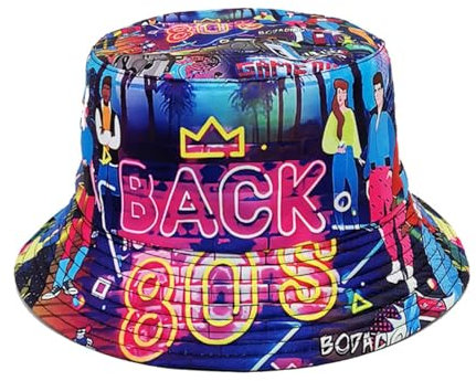LUCKGONI 80er 90er Jahre Vintage Fischerhut für Damen und Herren, atmungsaktiv, bunt, bedruckt, Sonnenschutz, doppelseitiger Hiphop-Hut