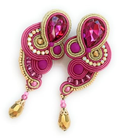 Pendientes llamativos fucsia dorado soutache, Pendientes fiesta rosa fucsia cristal