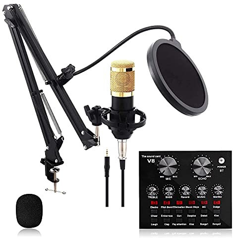 AKALNNB Paquete de micrófono de condensador, kit de micrófono con tarjeta de sonido en vivo, brazo de tijera de suspensión de micrófono ajustable, soporte de choque de metal y filtro pop de doble capa