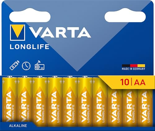 VARTA Batterien AA, 10 Stück, Longlife, Alkaline, 1,5V, ideal für Fernbedienungen, Wecker, Radios, Wanduhren, Verpackung zu 90% recycelt, Made in Germany