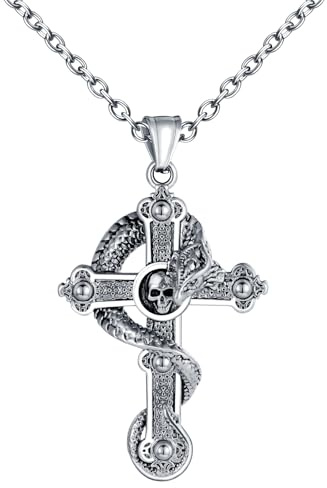 INFINIONLY Herren Kreuz Ketten mit Anhänger aus Edelstahl Fashion Kreuz Totenkopf Halskette mit Drache Vintage Halloween Anhänger mit 55cm Kette Hip Hop Schmuck Dekoration für Teenager