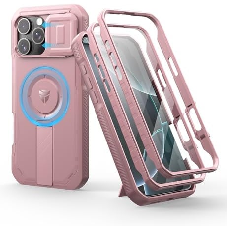 Dexnor for iPhone 16 Pro Max Magnetic Case With Slide Camera Cover & Adjustable Kickstand & Built-in Screen Protector, Rugged Shockproof Bumper Cases Heavy-duty Cover - Pink