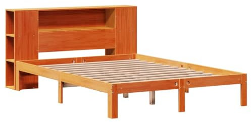 vidaXL Massivholzbett, Bett Kopfteil mit Bücherregal ohne Matratze, Bettgestell mit Lattenrost, Holzbett Doppelbett für Schlafzimmer, Wachsbraun 135x190cm Kiefer