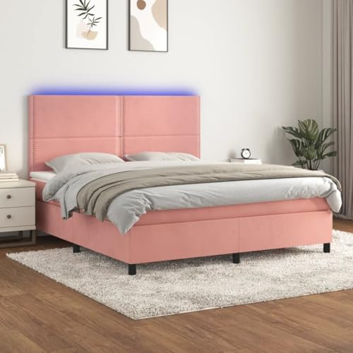 OHOOWOO Boxspringbett mit Matratze & LED Rosa 180x200 cm Samt,Luxuriöses Rosa Boxspringbett mit LED für erholsamen Schlaf und gemütliche Abende