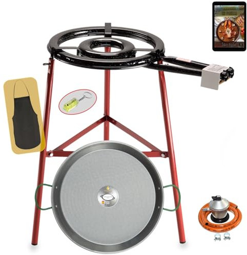 COMBOI Réchaud à paella gaz butane, kit professionnel brûleur plat 45 cm, poêle à paella polie 60 cm, régulateur, tuyau, pieds renforcés, niveau, tablier, livre de recettes numérique (kit à paella Pro