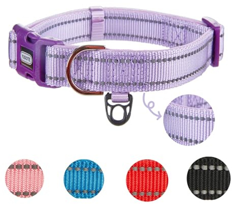 YUDOTE Reflective Adjustable Nylon Dog Collar with Reflevtive Soft Neoprene Padding for Large Sized Dogs Daily Use Lilac