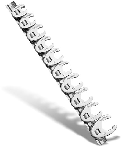 DURATECH 10-Piece 3/8 Drive Crowfoot Spanner Set, 10-22 mm, Cr-V Steel | 5-Point, Open-End Crowfoot Design, Chrome Vanadium Steel, Mirror-Polished, Storage Rail, Torque Wrenches, Metric Sizes