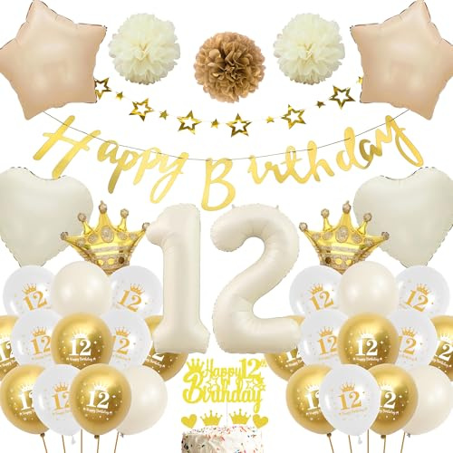 Deko 12 Geburtstag Mädchen Junge - Weiß Gold Luftballons Geburtstagsdeko Ballons, Glitzer Happy Birthday Banner Girlande und Creme Weiß XXL Zahl Folienballon Kuchendeko für Kinder 12 Jahre Party Boho