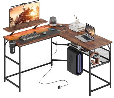 Mondeer L Shaped Gaming Desk, 130 x 130 cm Computer Desk with LED Lights 2 Power Outlets and 2 USB Ports, Reversible Corner Desk with Storage Shelf, for Home Office Bedroom, Rustic Brown