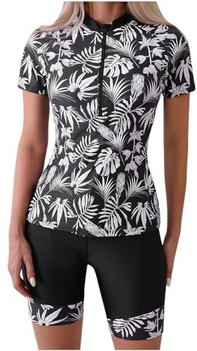 Damen Bauchweg Badeanzug Zweiteilige Bademode Zip Kurzarm Swim Shirt mit Surfanzug Badeanzug mit Brustpolster Damen Surf Shirt Sportlich Sportbadeanzüge Weicher Sport-Schwimmanzug