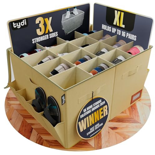 Tydi Shoe Storage Box – Ultra-Stiff Shoe Organiser with Clear Zip Cover, Tag Insert & 16 Compartments – Stackable Shoe Storage Solution & Space Saver for Closet & Wardrobe - Beige