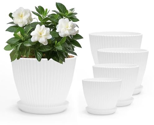 Lusibaka Plastic Plant Pots Set 4 Pack with Drainage Holes Saucers (19/17/15/13cm)-Modern Decorative Flower Pots for Indoor Plants in Assorted Colors (White 4 Piece)