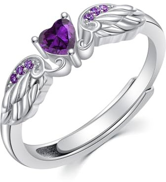 925 Sterling Silber Engel Flügel Herz Ring für Frauen Engel Gedenkring mit Lila Amethyst Edelstein Birthstone Versprechen Ring Farbige Zirkonia Muttertag Schmuck Weihnachtsgeschenke