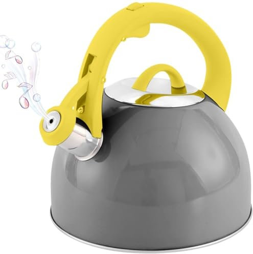 ALANIZ Cute Grey Whistling Stainless Steel Tea Kettle with Yellow Anti-Scalding Handle Teapot for Stovetop Induction 2.5 L